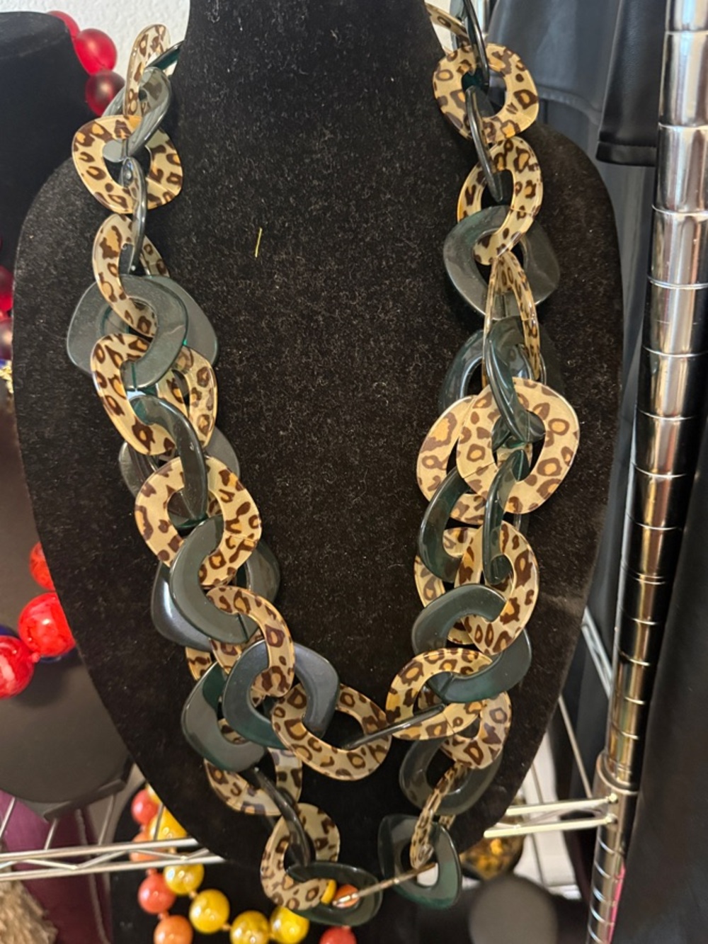 Sassy Jones Green and Beige Leopard-Link Statement Necklace